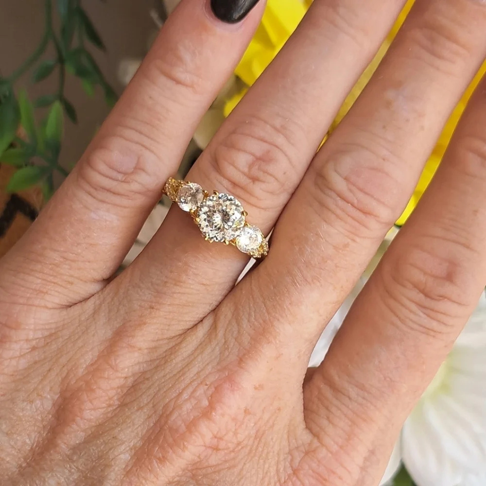 Genuine Moissanite Trilogy Ring In 14k YG Vermeil.